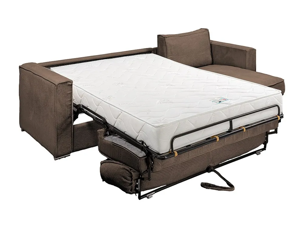 Express-hoekslaapbank van bruin ribfluweel, bed met latten 140 cm LORETO
