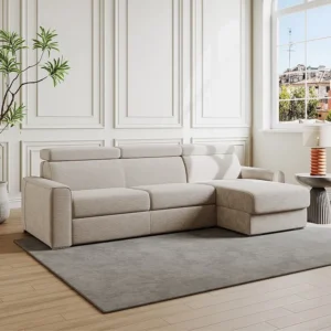 Express-hoekslaapbank van ecru ribfluweel, bed 160 cm, dikte 14 cm, VIZIR