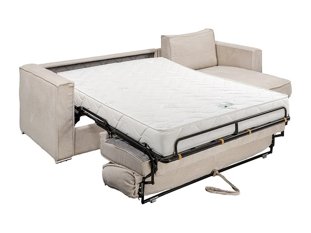 Express-hoekslaapbank van lichtbruin ribfluweel, bed met latten 140 cm LORETO
