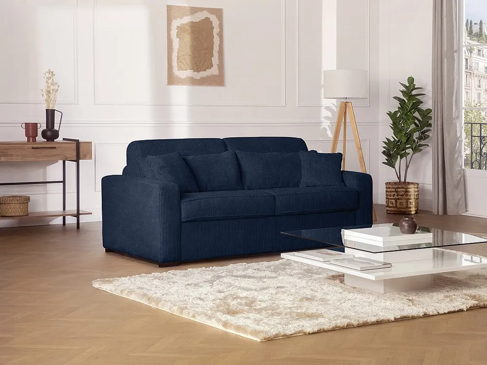 Express-slaapbank van blauw ribfluweel, bed met latten 140 cm, dikte 14 cm MONDOVI