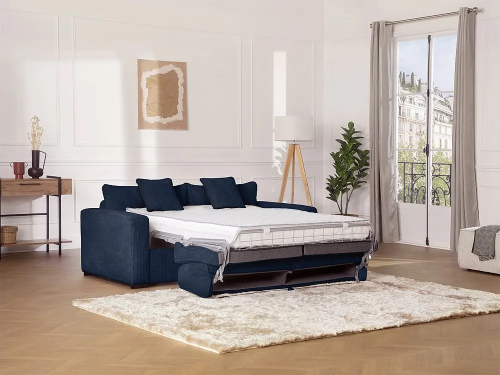 Express-slaapbank van blauw ribfluweel, bed met latten 140 cm, dikte 14 cm MONDOVI