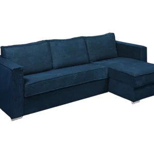 Omkeerbare express-hoekslaapbank van nachtblauw ribfluweel, bed met latten 140 cm LORETO