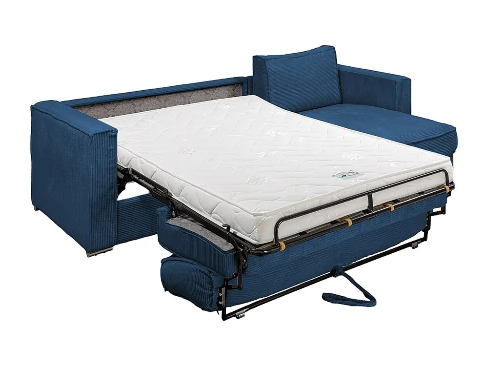 Omkeerbare express-hoekslaapbank van nachtblauw ribfluweel, bed 140 cm, dikte 14 cm LORETO
