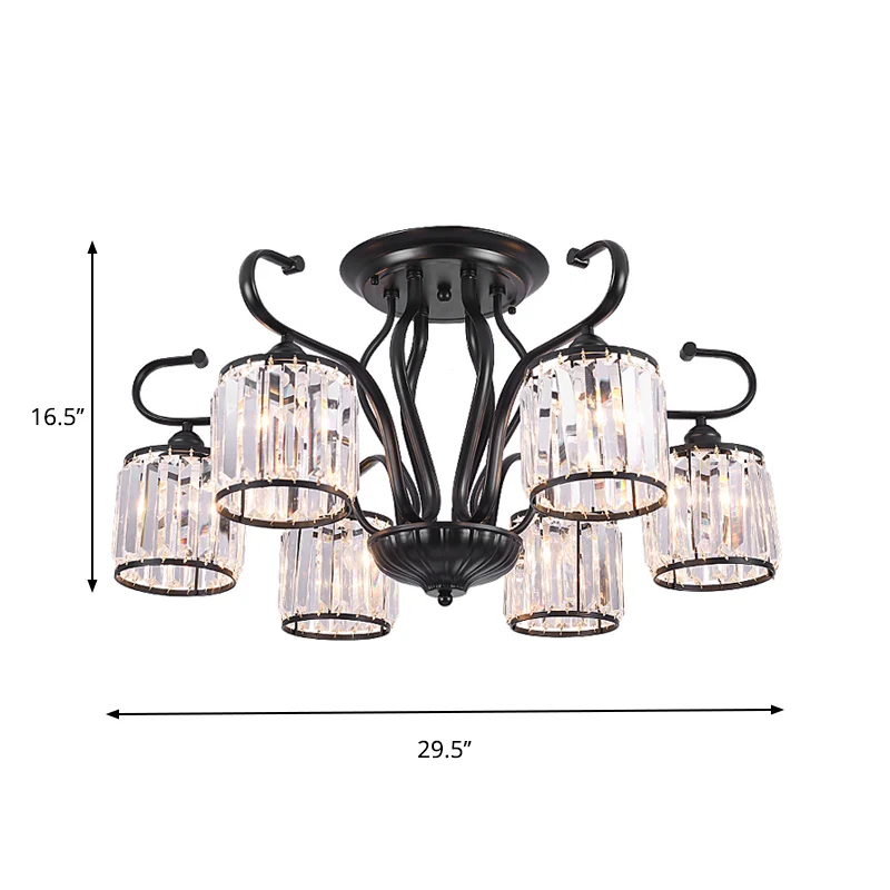 Dimmbare Cilindrische kristallen semi-gemonteerde verlichting Moderne 3/6-lichts woonkamerplafondlamp zwart