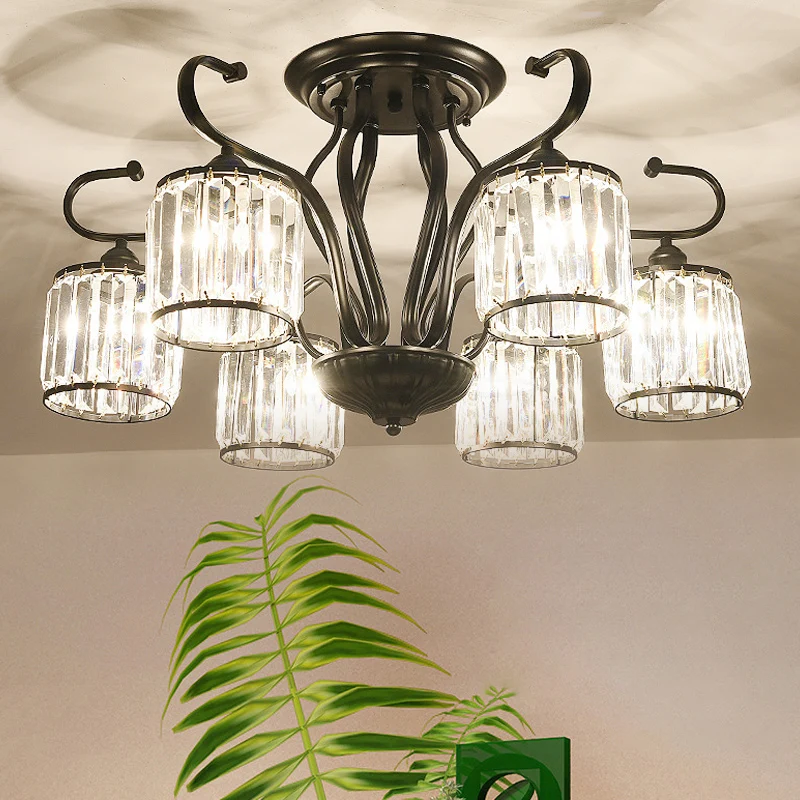 Dimmbare Cilindrische kristallen semi-gemonteerde verlichting Moderne 3/6-lichts woonkamerplafondlamp zwart