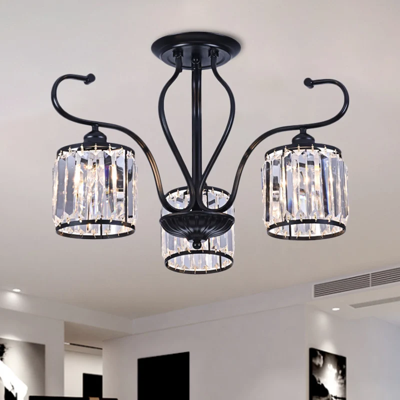 Dimmbare Cilindrische kristallen semi-gemonteerde verlichting Moderne 3/6-lichts woonkamerplafondlamp zwart