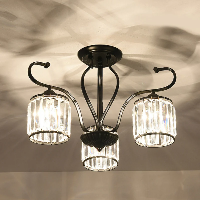Dimmbare Cilindrische kristallen semi-gemonteerde verlichting Moderne 3/6-lichts woonkamerplafondlamp zwart
