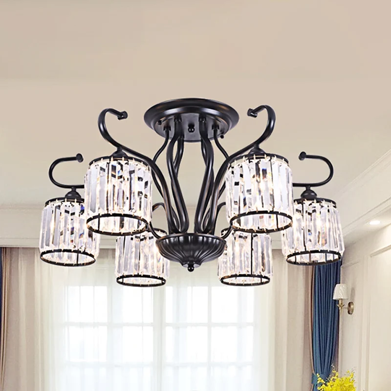 Dimmbare Cilindrische kristallen semi-gemonteerde verlichting Moderne 3/6-lichts woonkamerplafondlamp zwart