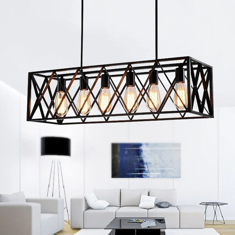 Industriële Stijl Zwarte industriële eilandhangende verlichting, kruis ingelijste doos, ijzeren eilandplafondlamp voor eet...