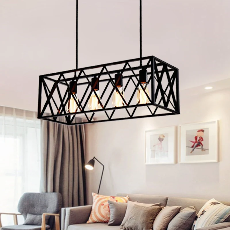 Industriële Stijl Zwarte industriële eilandhangende verlichting, kruis ingelijste doos, ijzeren eilandplafondlamp voor eet...