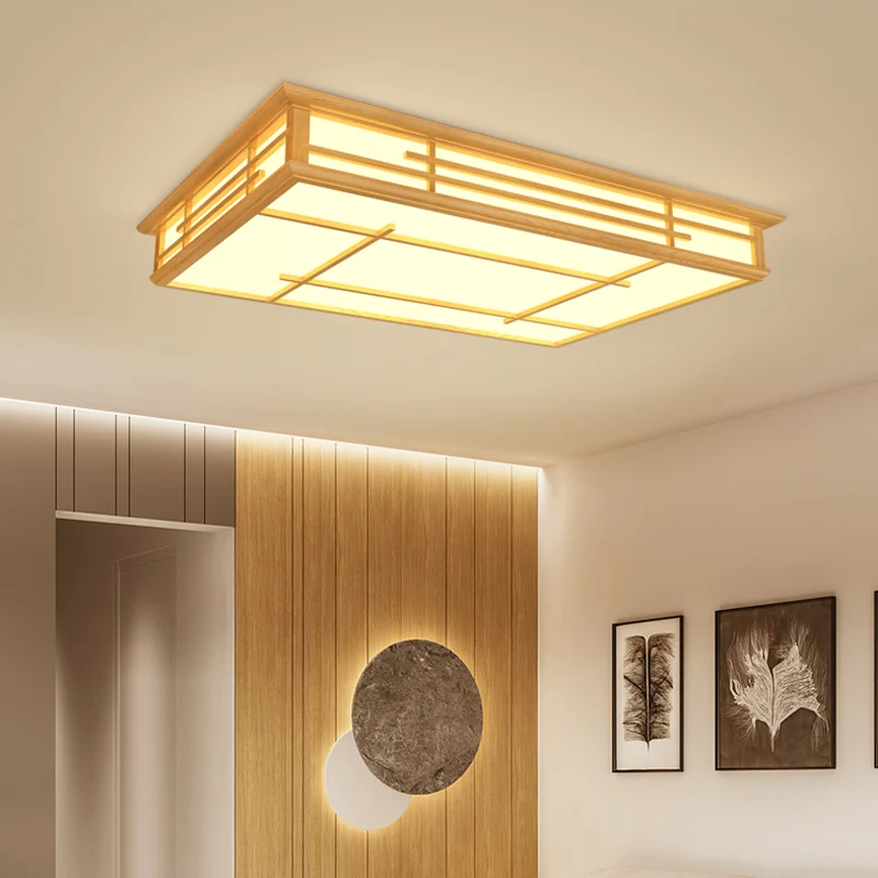 Japanse geometrische LED-plafondlamp acryl woonkamer inbouwverlichting hout voor Plafondhoogte 2.4m+