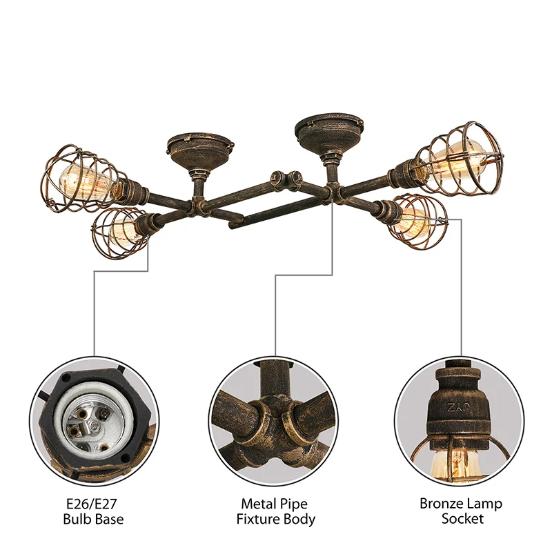 Messing draadkooi semi-inbouw zacht vintage industrieel ijzer 4/6/8 hoofden woonkamer plafondverlichting met pijp