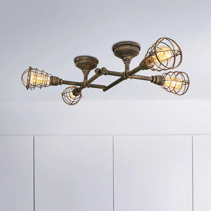 Messing draadkooi semi-inbouw zacht vintage industrieel ijzer 4/6/8 hoofden woonkamer plafondverlichting met pijp