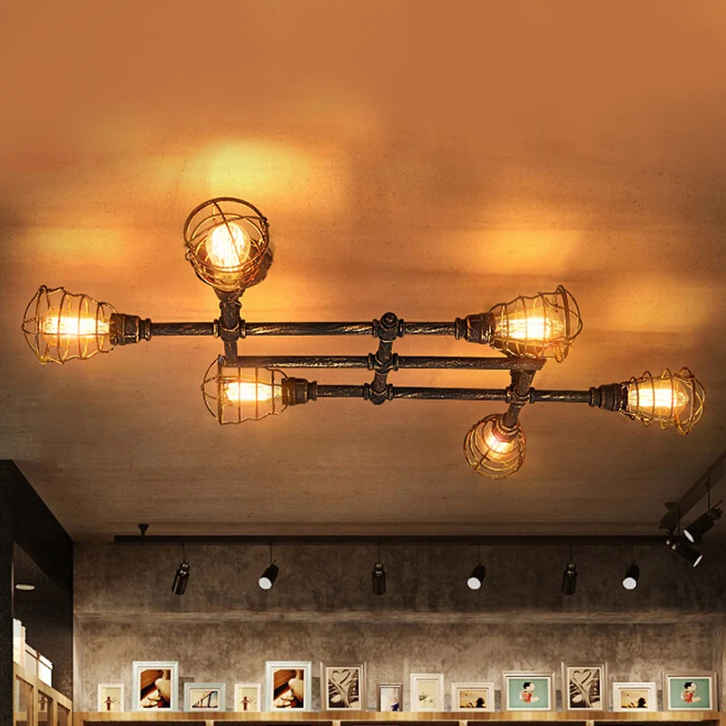 Messing draadkooi semi-inbouw zacht vintage industrieel ijzer 4/6/8 hoofden woonkamer plafondverlichting met pijp