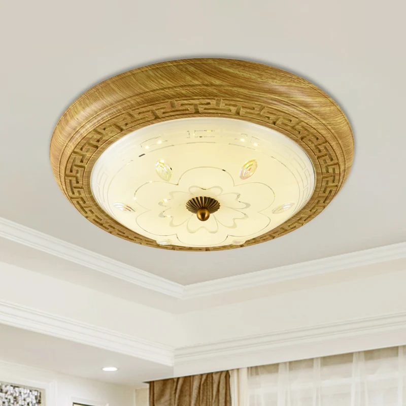 Moderne Plafond Houten LED-inbouwverlichting Eenvoudige geelbruine cirkelvormige slaapkamerplafondlamp met glazen koepelka...