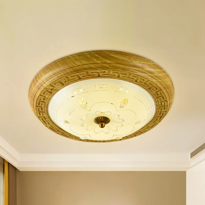 Moderne Plafond Houten LED-inbouwverlichting Eenvoudige geelbruine cirkelvormige slaapkamerplafondlamp met glazen koepelka...