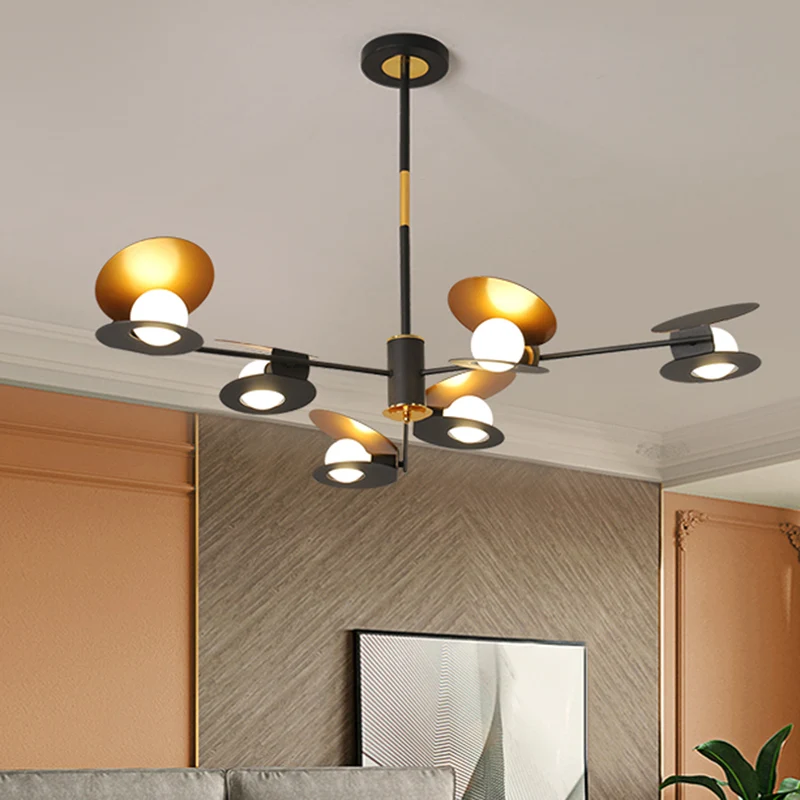 Premium LED Mosselvormige plafondkroonluchter, eigentijdse ijzeren hanglamp met 6/8 lampen de woonkamer, blauw/zwart en goud