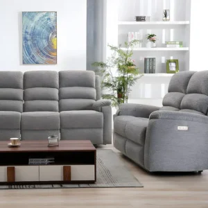Compact Elektrische driezits en tweezits relaxbank van stof met plateau NEVERS - Antraciet