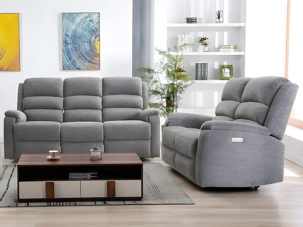 Compact Elektrische driezits en tweezits relaxbank van stof met plateau NEVERS - Antraciet