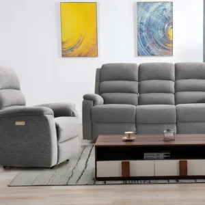 Elektrische driezits relaxbank en relaxfauteuil van stof met plateau NEVERS - Antraciet XL Grip