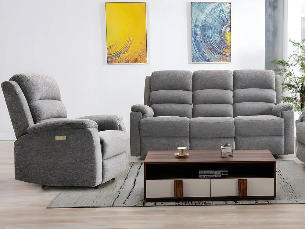 Elektrische driezits relaxbank en relaxfauteuil van stof met plateau NEVERS - Antraciet XL Grip