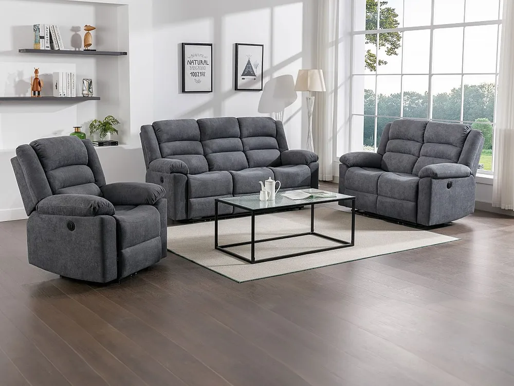 Elektrische driezits- en tweezits-relaxbank en -fauteuil van grijze stof BUROLO met 3-Jaar Garantie