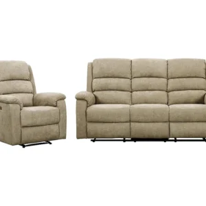 Elektrische relax-3-zitsbank en fauteuil van natuurtint stof NEVERS