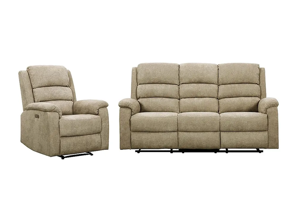 Elektrische relax-3-zitsbank en fauteuil van natuurtint stof NEVERS