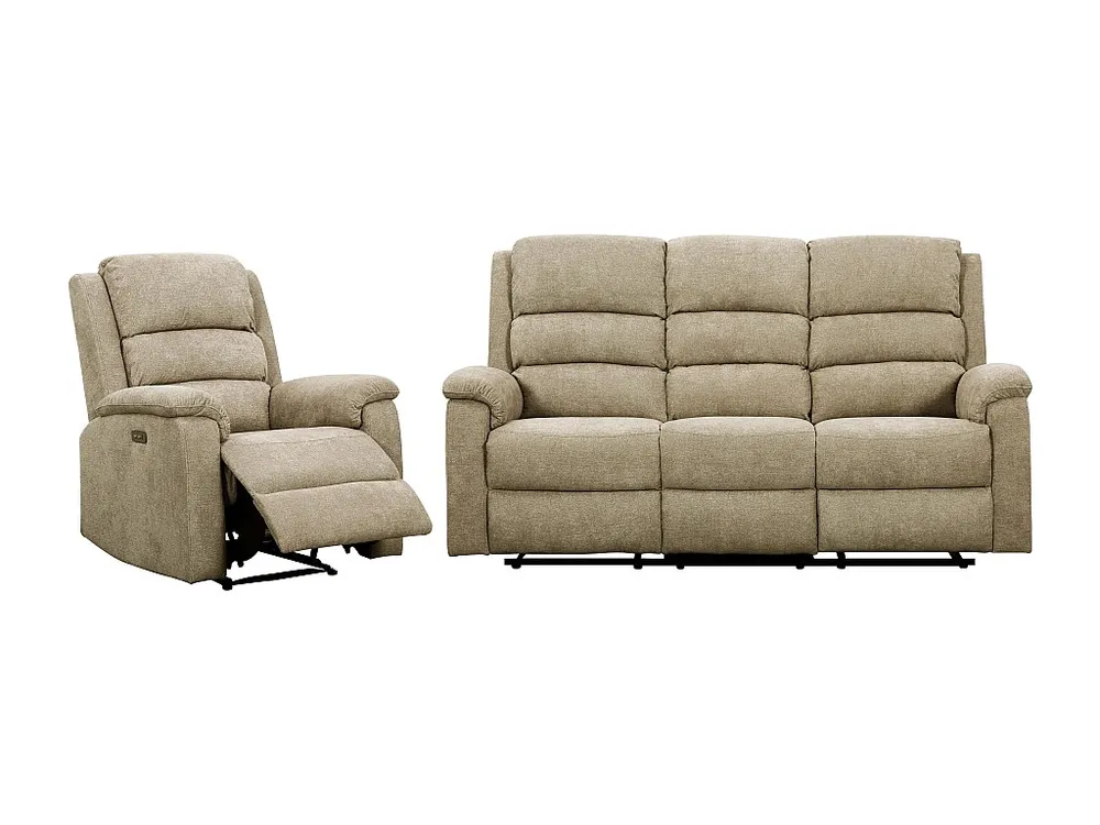 Elektrische relax-3-zitsbank en fauteuil van natuurtint stof NEVERS