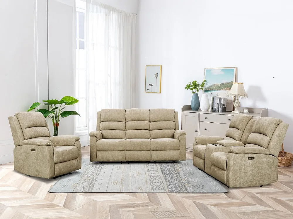 Elektrische relax-3-zitsbank en fauteuil van natuurtint stof NEVERS