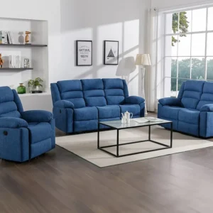 Slag Elektrische driezits- en tweezits-relaxbank en -fauteuil van blauwe stof BUROLO
