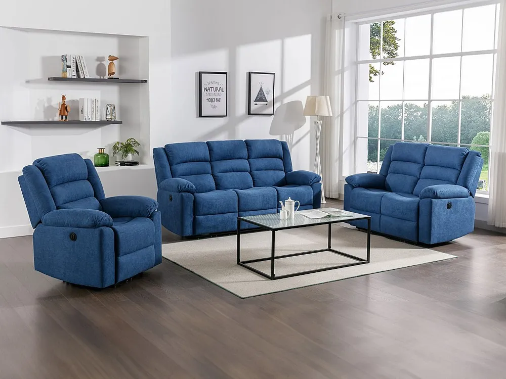 Slag Elektrische driezits- en tweezits-relaxbank en -fauteuil van blauwe stof BUROLO