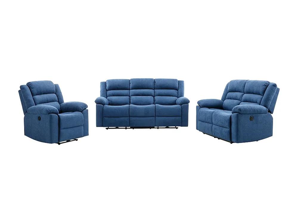 Slag Elektrische driezits- en tweezits-relaxbank en -fauteuil van blauwe stof BUROLO