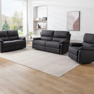 Zitbank met 3 neerzetten, 2 plaatsen en elektrische relaxfauteuil donkergrijze stof LUNANO