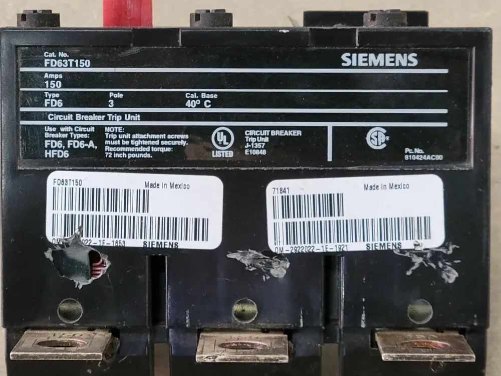150 Amp, 3 Pole, 600 Volts Trip Unit FD63T150