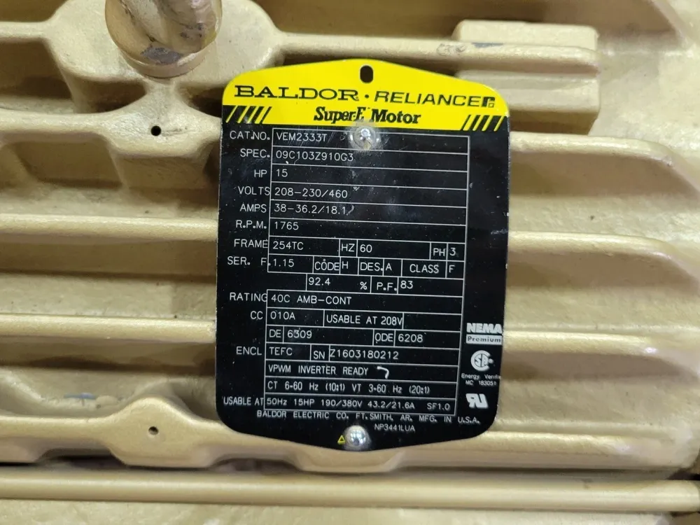 15 hp, 460 volts, 1765 rpm, 254TC, Electric Motor VEM2333T