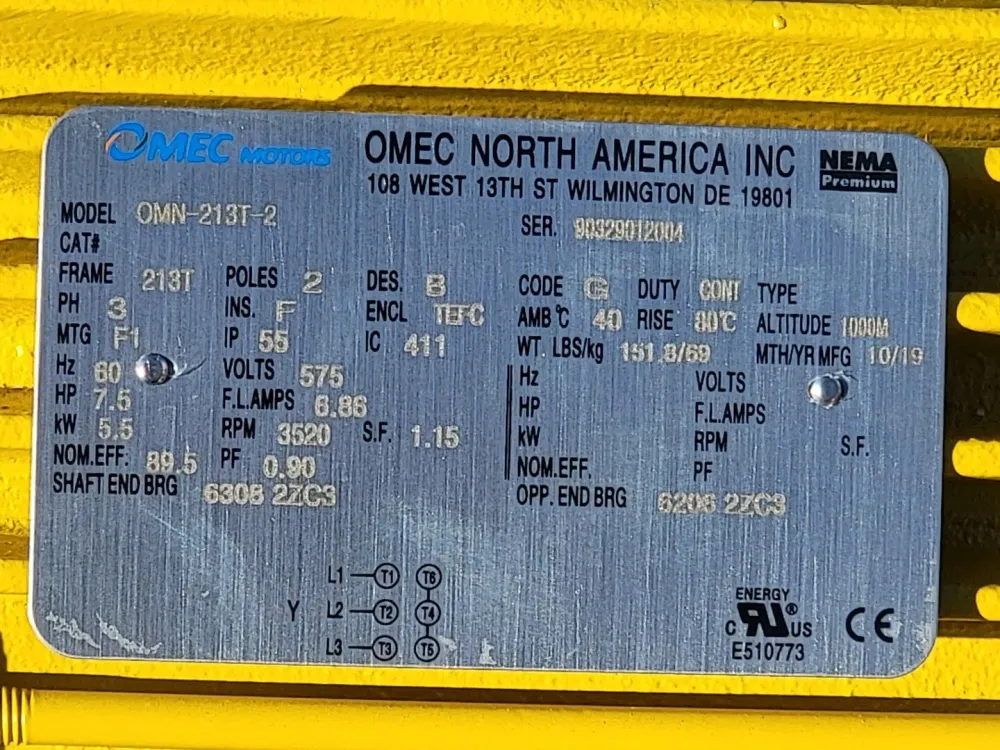 Ventilator 7.5 hp, 575 volts, 3520 rpm, 213T Electric Motor OMN-213T-2