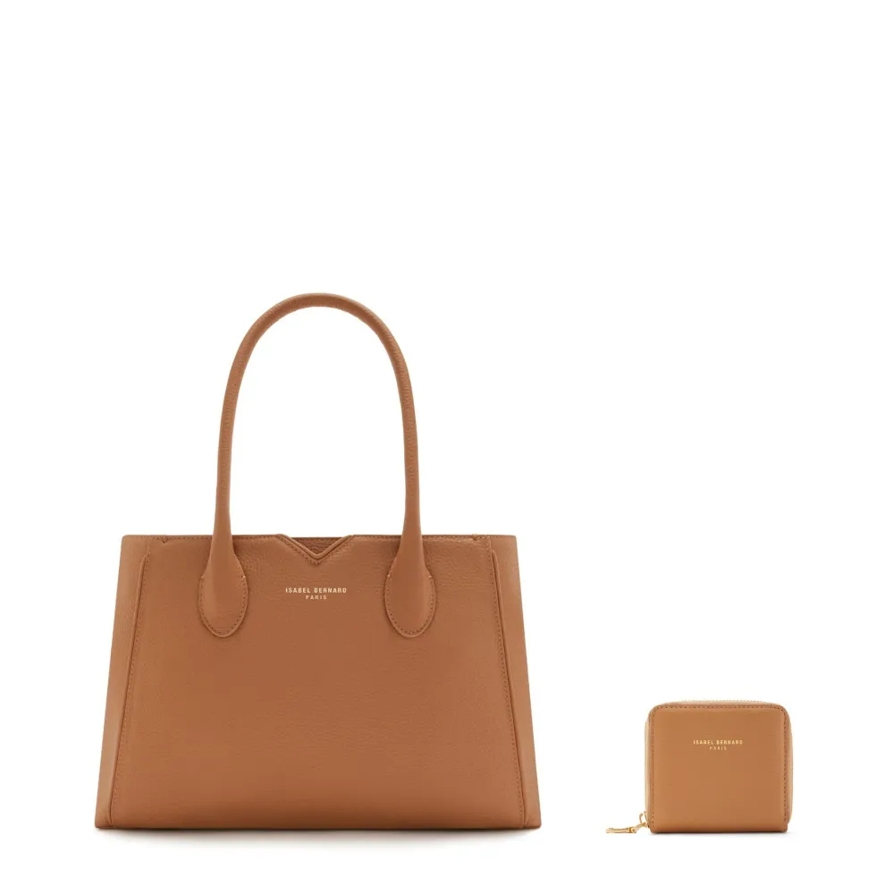 Cadeau d'Isabel camel leren handtas en portemonnee met rits gift set met 2-Jaar Garantie
