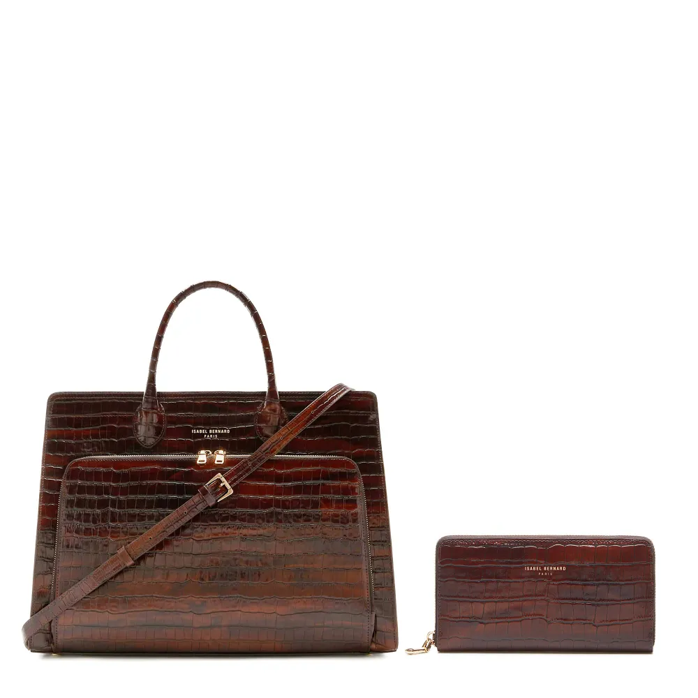 Cadeau d'Isabel croco bruin kalfsleren handtas en portemonnee gift set met Levenslange Garantie