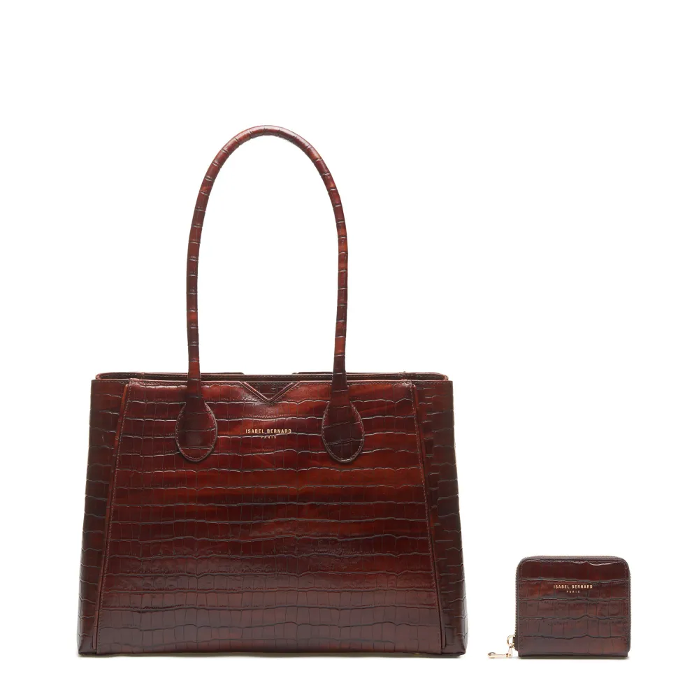 Cadeau d'Isabel croco bruin kalfsleren handtas en portemonnee gift set Heavy Duty