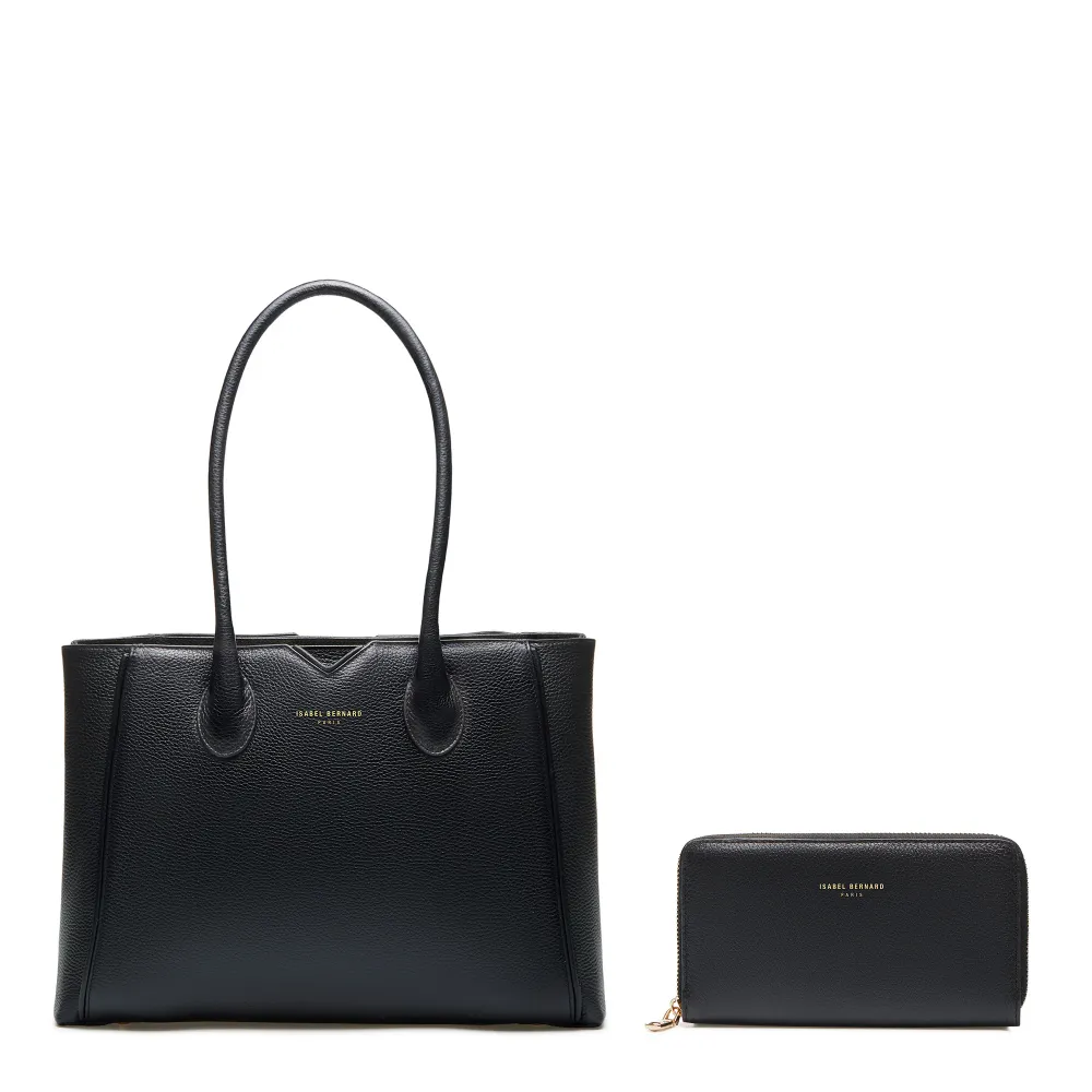 Cadeau d'Isabel zwarte leren handtas en portemonnee met rits gift set met Opbergtas