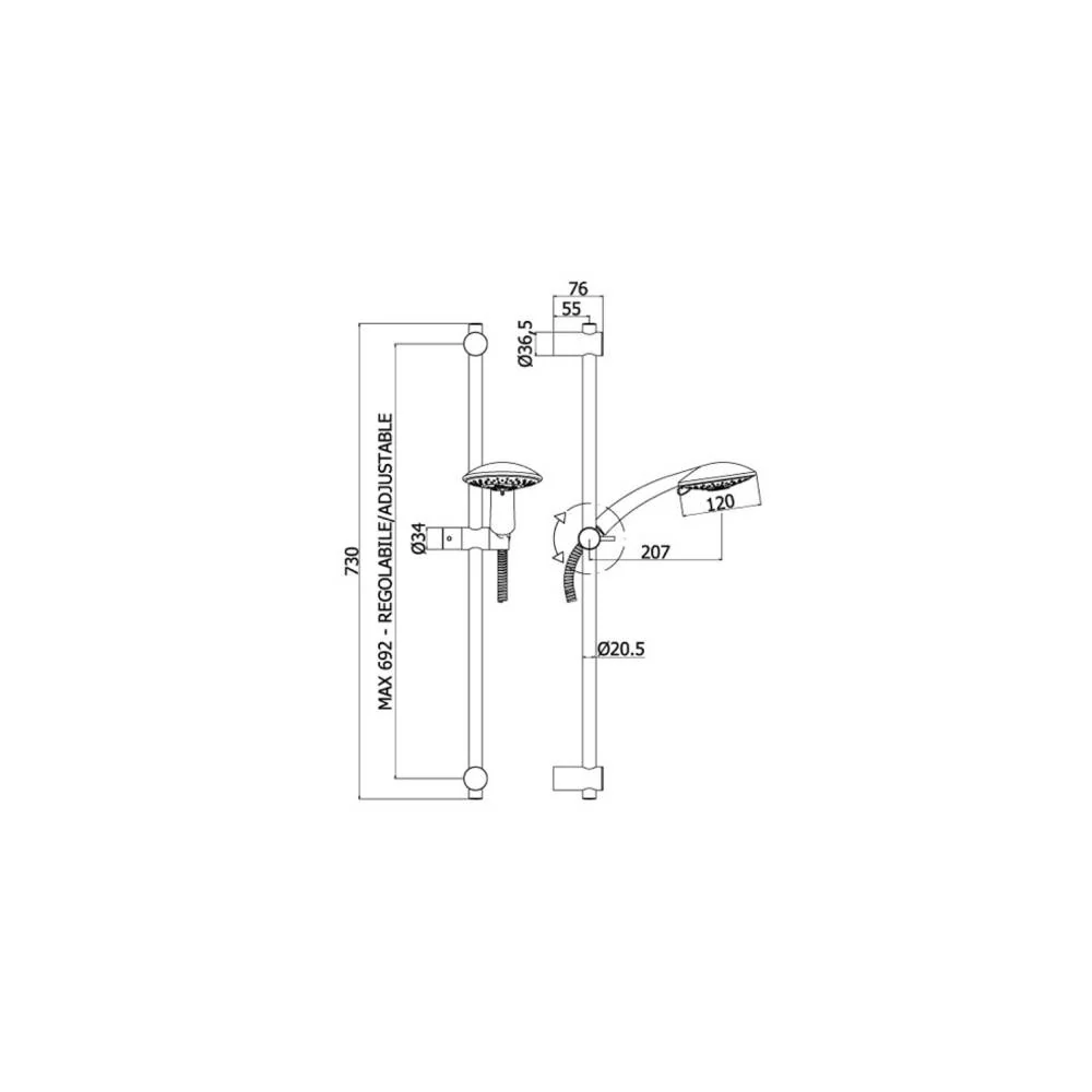 Sliding set rod, built- mixer chrome-plated geel koper and round wall water outlet Paffoni