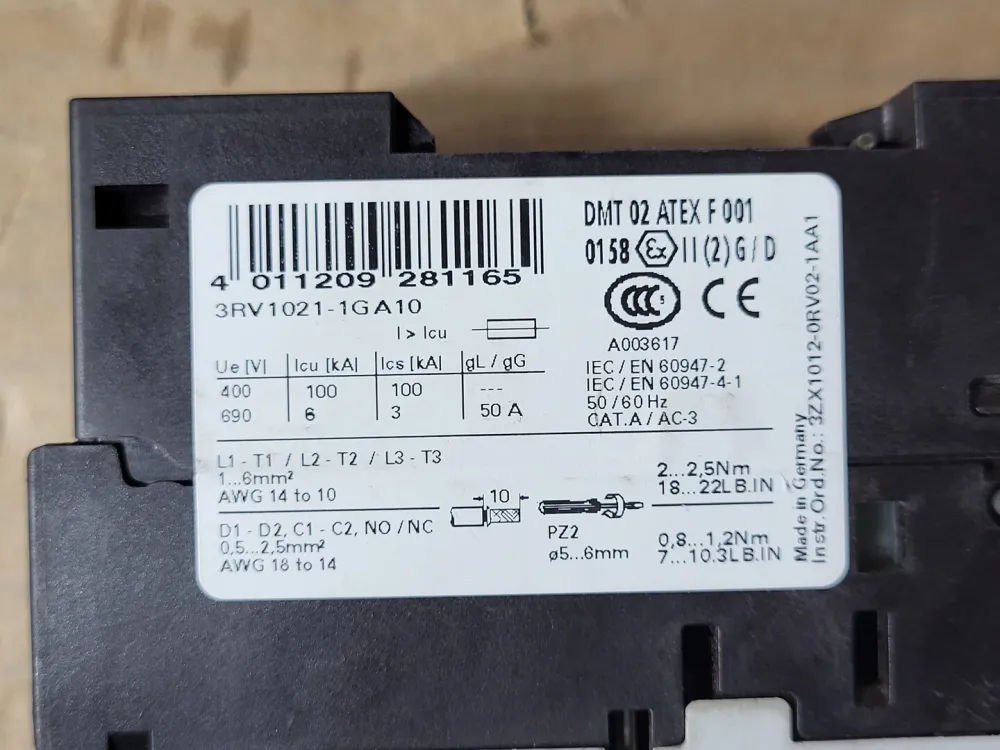 4.5-6.3 Amp, 3 Pole, 690 Volt Circuit Breaker 3RV1021-1GA10 - directe montage