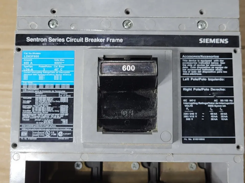 600 Amp, 3 Pole, 600 Volt Circuit Breaker LD63F600