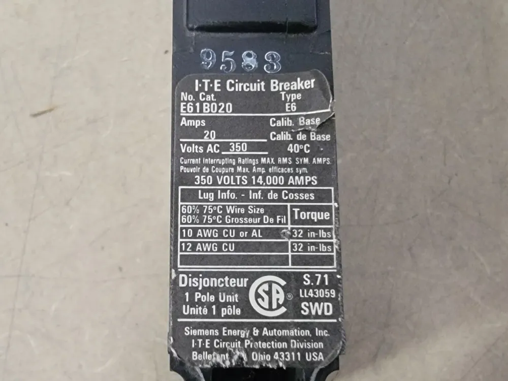 20 Amp, 1 Pole, 350 Volts Circuit Breaker E61B020