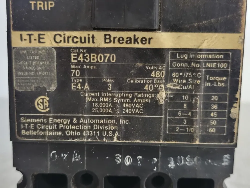 70 Amp, 3 Pole, 480 volts Circuit Breaker E43B070 met CE-keurmerk