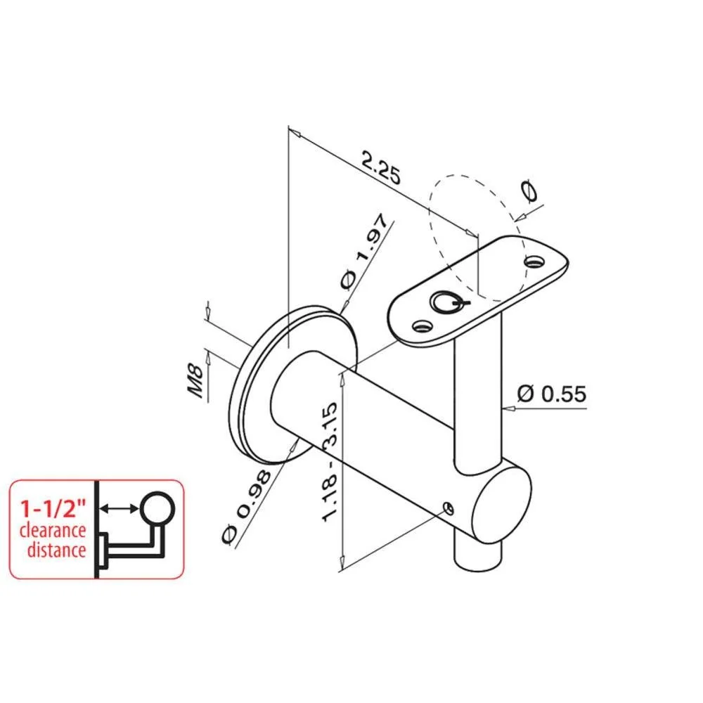 Q-Railing Bracket Round Profile Handrail (Round Profile, Height Aanpasbaar, Wall Mount,1-1/2'' clearance distance) (1-1/2'...