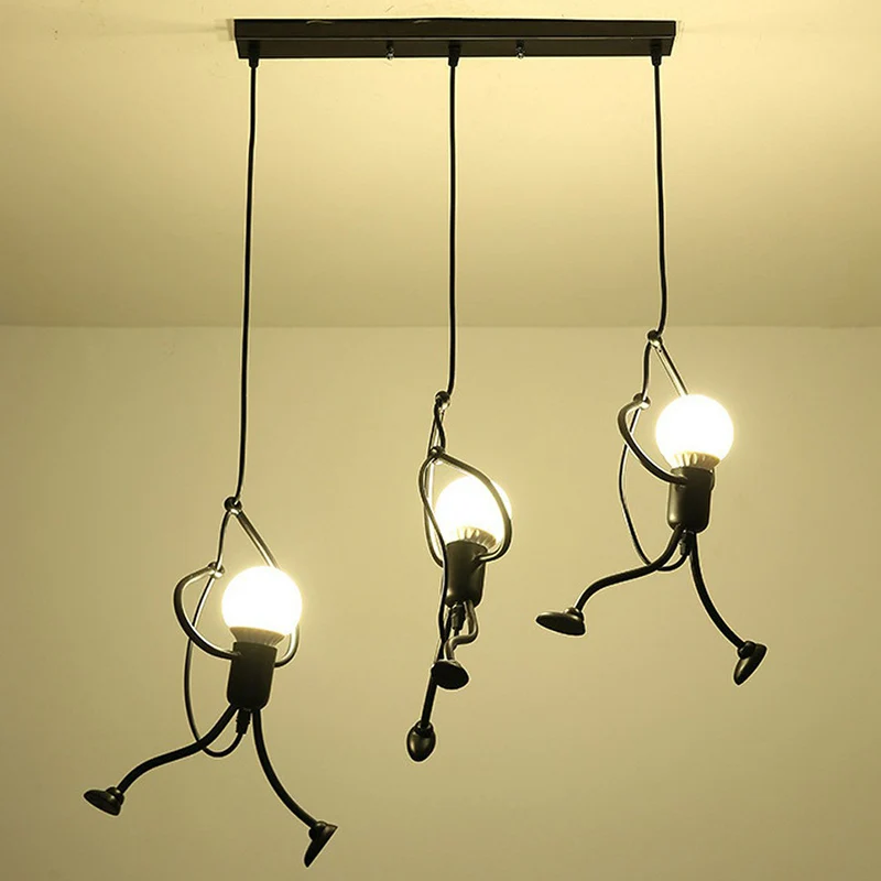 Artistieke Stickman-vormige hanglamp van metaal, 3-lichts eetkamer, meerdere hanglampen zwart inclusief batterijen