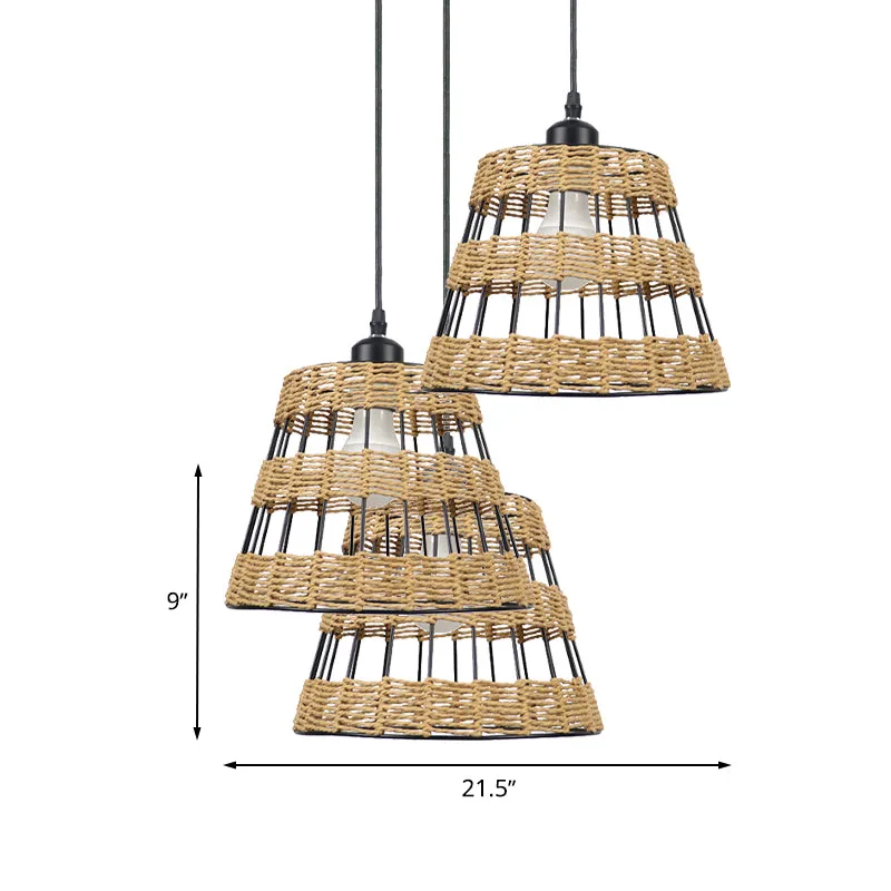 Aziatische stijl kegelhangende lamp van metaal en rotan 1/3-kops restauranthanglamp natuurtint