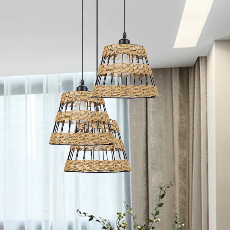 Aziatische stijl kegelhangende lamp van metaal en rotan 1/3-kops restauranthanglamp natuurtint